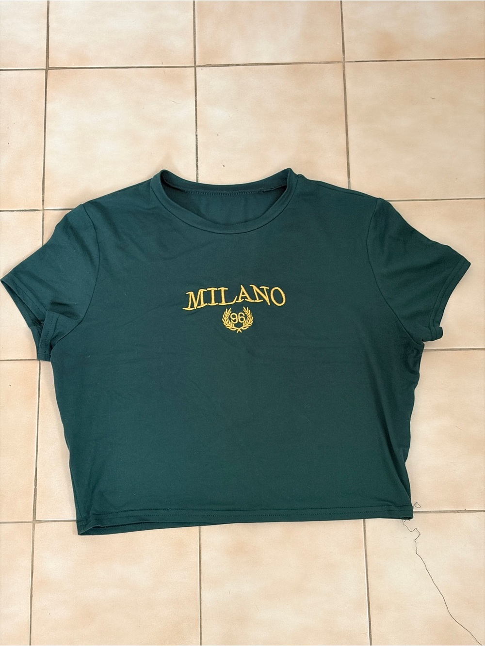 SHEIN Dark Green Cropped Tee with Yellow Milano Embroidery